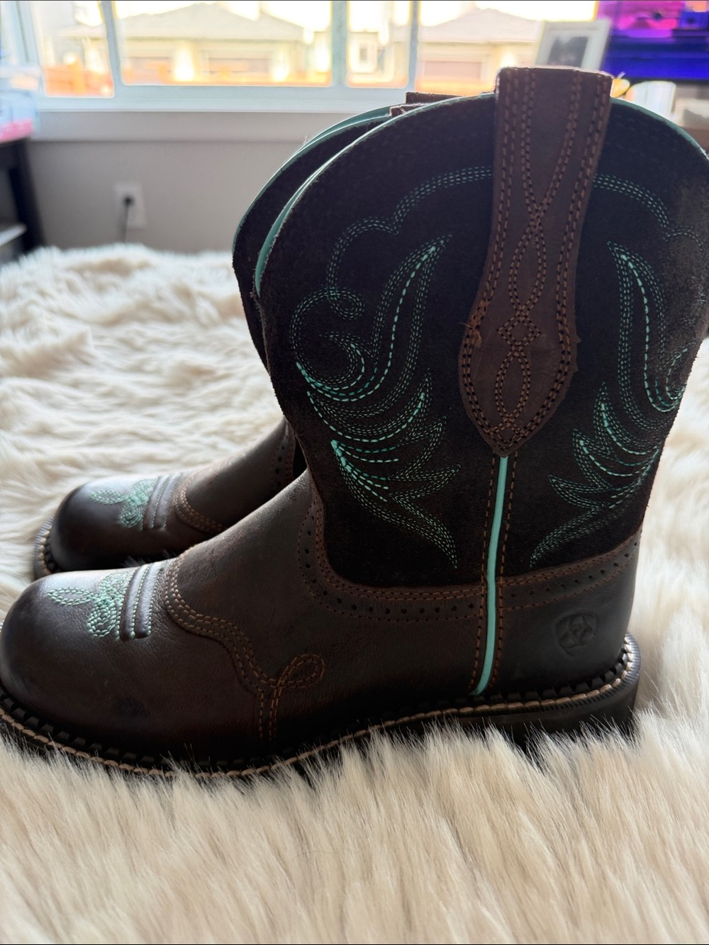 Ariat Brown Leather Western Boots with Teal Stitching